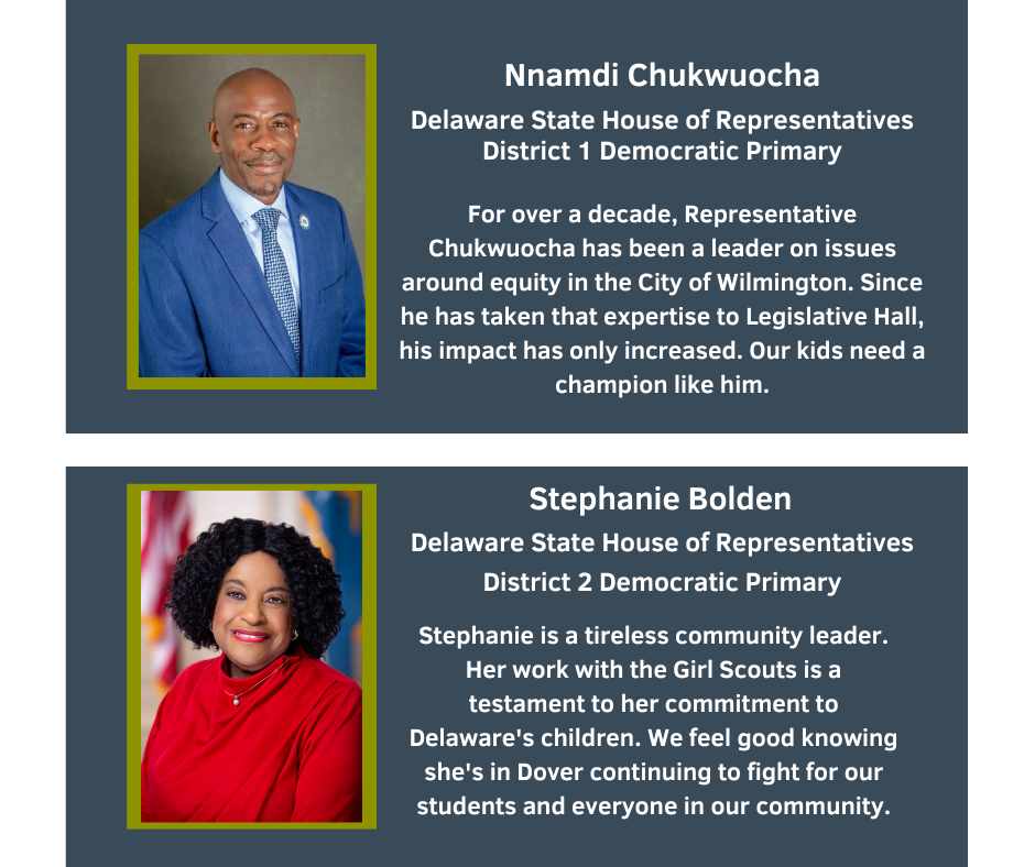 Nnamdi  Chukwuocha
Delaware State House of Representatives
District 1 Democratic Primary

For over a decade, Representative Chukwuocha has been a leader on issues around equity in the City of Wilmington. Since he has taken that expertise to Legislative Hall, his impact has only increased. Our kids need a champion like him.

Stephanie Bolden
Delaware State House of Representatives
District 2 Democratic Primary

Stephanie is a tireless community leader. Her work with the Girl Scouts is a testament to her commitment to Delaware’s children. We feel good knowing she’s in Dover continuing to fight for our students and everyone in our community.