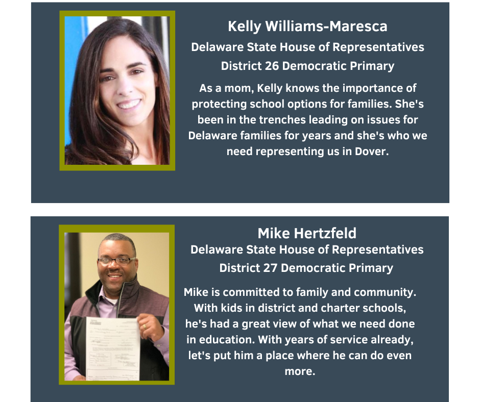 Kelly Williams-Maresca
Delaware State House of Representatives
District 26 Democratic Primary

As a mom, Kelly knows the importance of protecting school options for families. She's been in the trenches leading on issues for Delaware families for years and she's who we need representing us in Dover.

Mike Hertzfeld
Delaware State House of Representatives
District 27 Democratic Primary

Mike is committed to family and community. With kids in district and charter schools, he's had a great view of what we need done in education. With years of service already, let's put him a place where he can do even more.